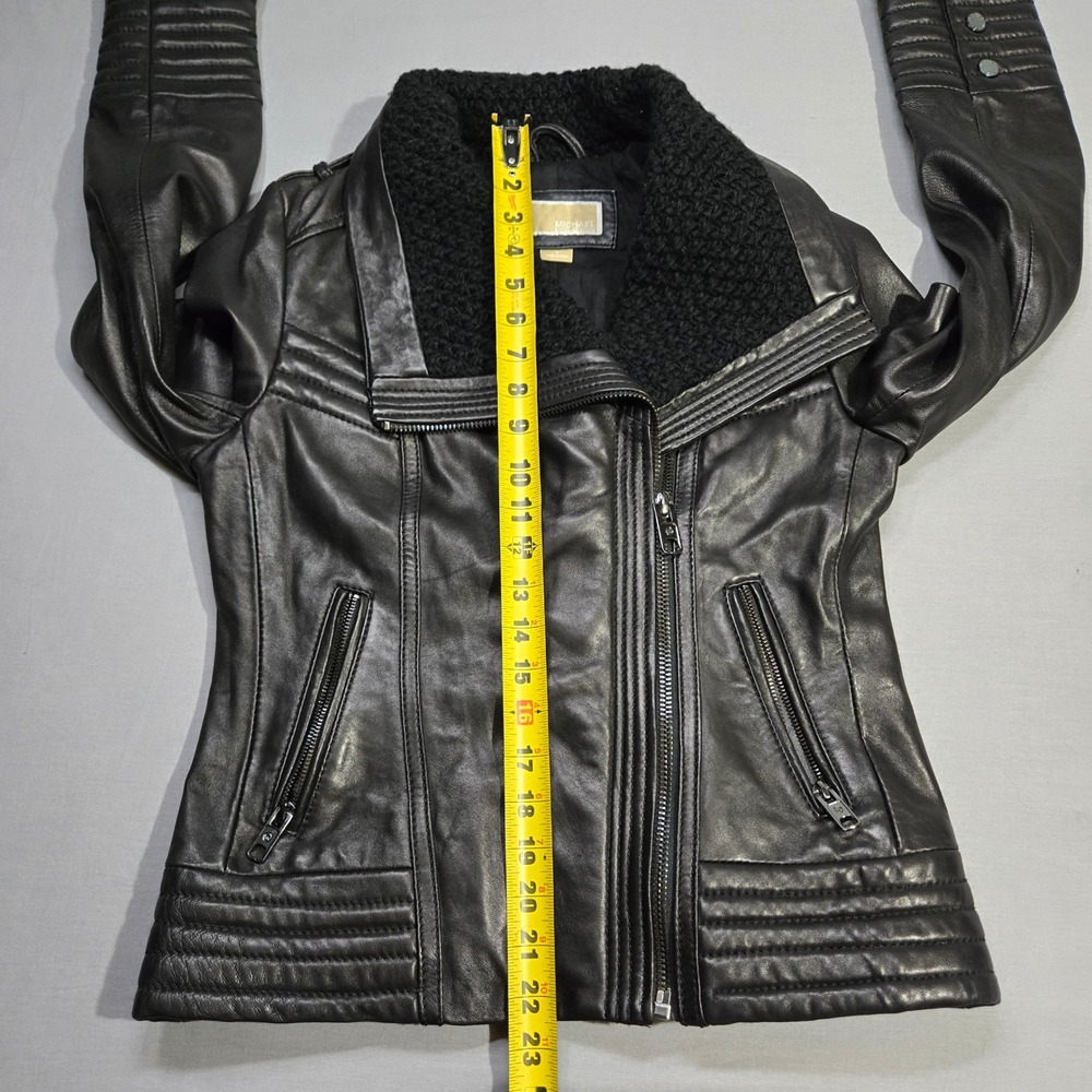 Michael Kors Real Leather Moto Jacket Small Black Asymmetrical‎ Knit Collar Punk - Picture 10 of 11